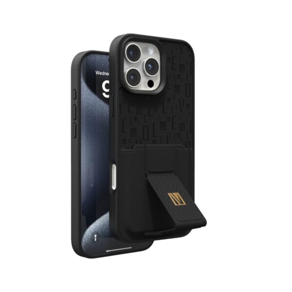 Levelo Morphix Gripstand Case (Cardholder ilə) - iPhone 16 Pro, Qara