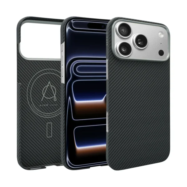 A-CASE Desen iPhone 17 Pro Max üçün aramid karbon fiber kabro – qara
